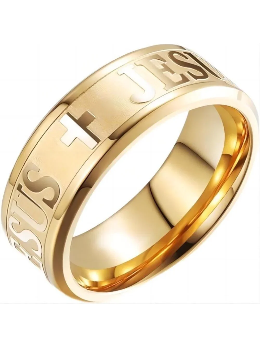 8mm Silver Black Gold Cross Ring - Engraved Lord's Prayer Christian Jewelry
